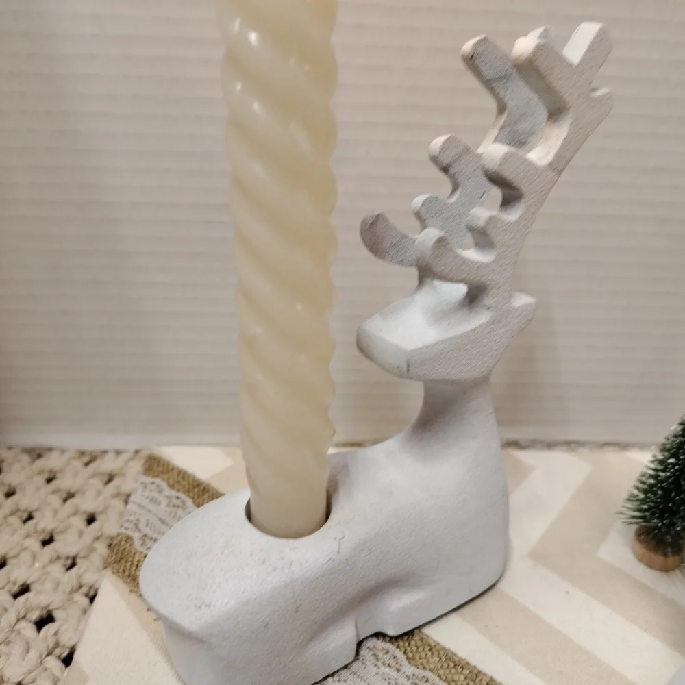 Crate & Barrel Reindeer Taper Candle Holders Set Of 2 Handcast Aluminum & Iron